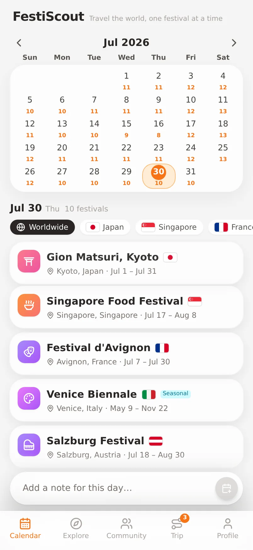 Calendar view listing the festivals happening on a chosen day