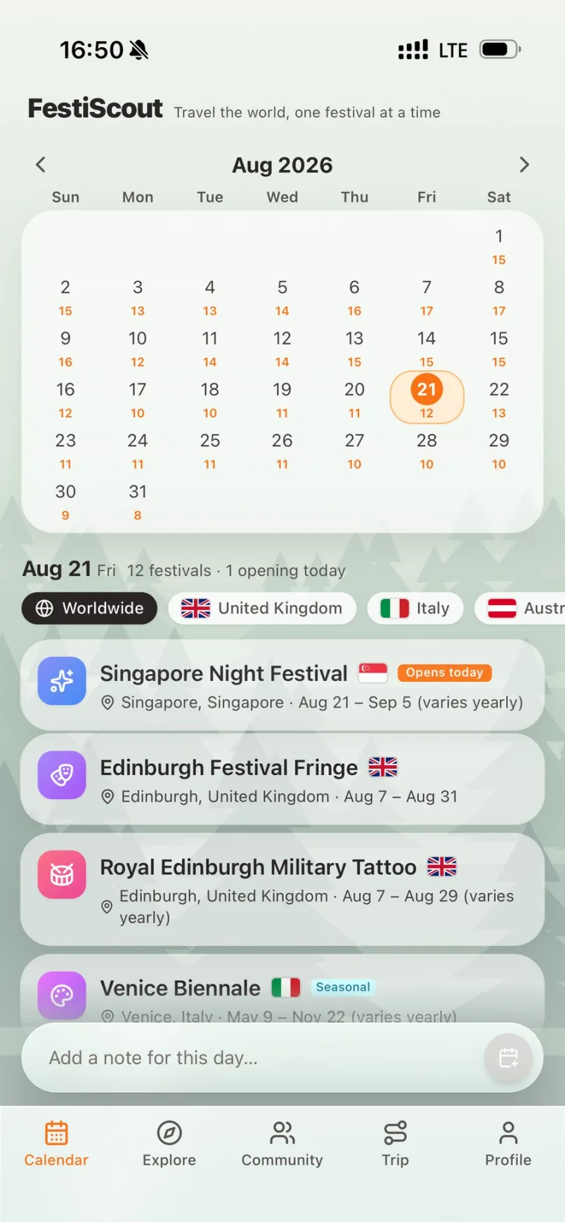 Calendar view listing the festivals happening on a chosen day