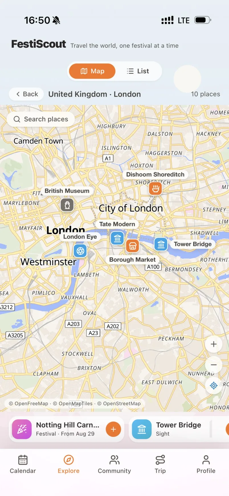 Street-level map of London with sights, food spots and places to add