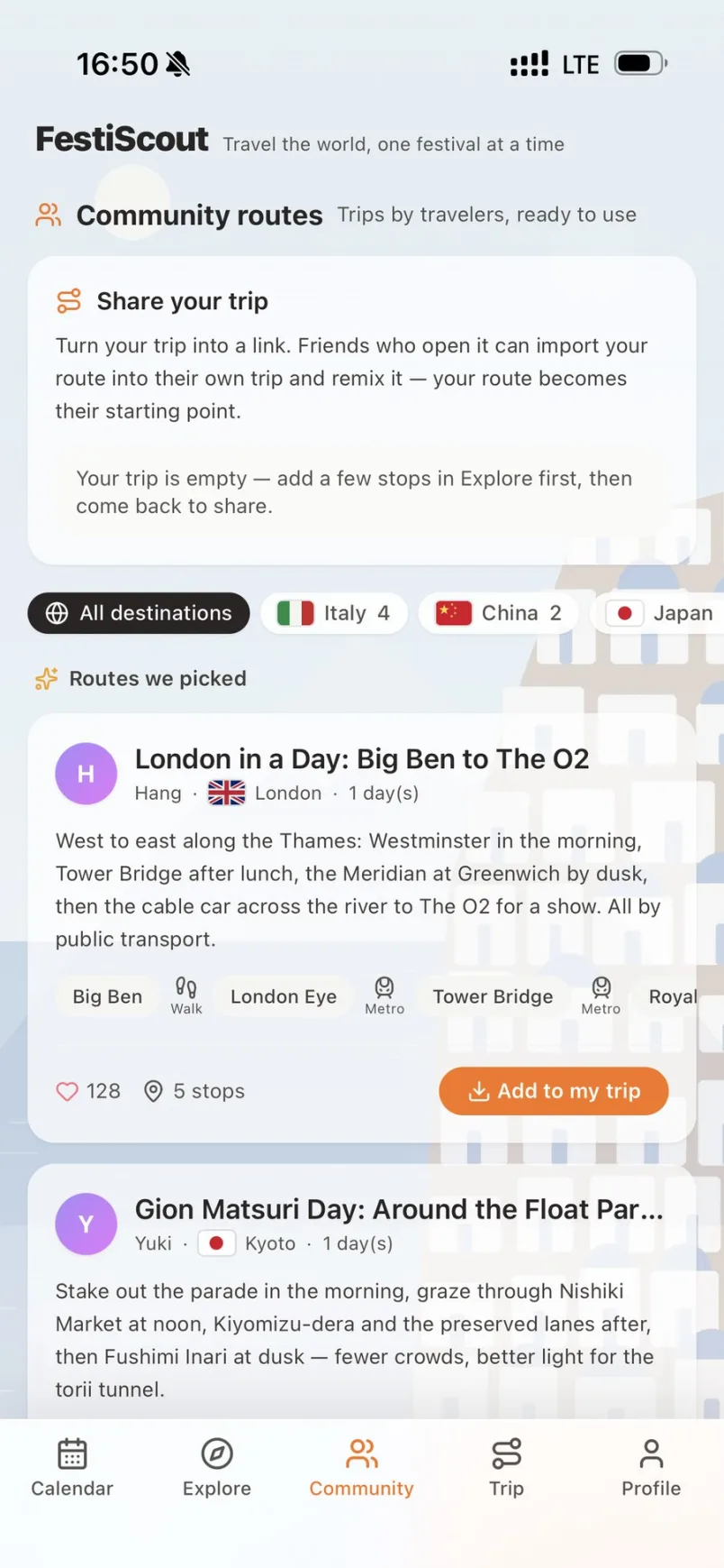 Community routes shared by travelers, ready to import into your own trip