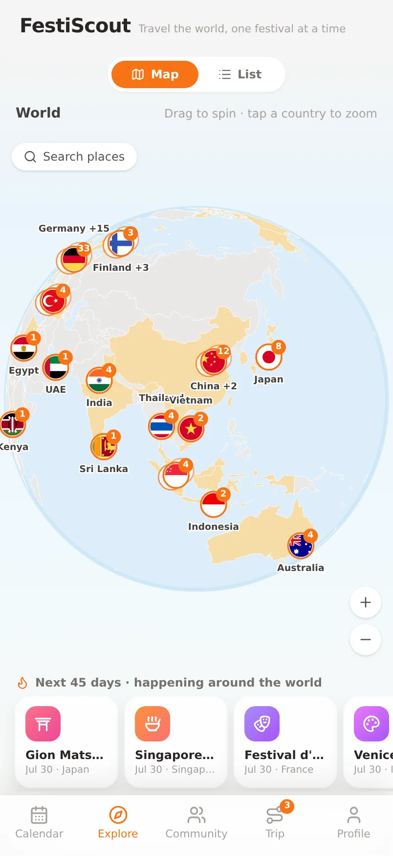 FestiScout's globe view: festivals marked across a 3D globe you can spin