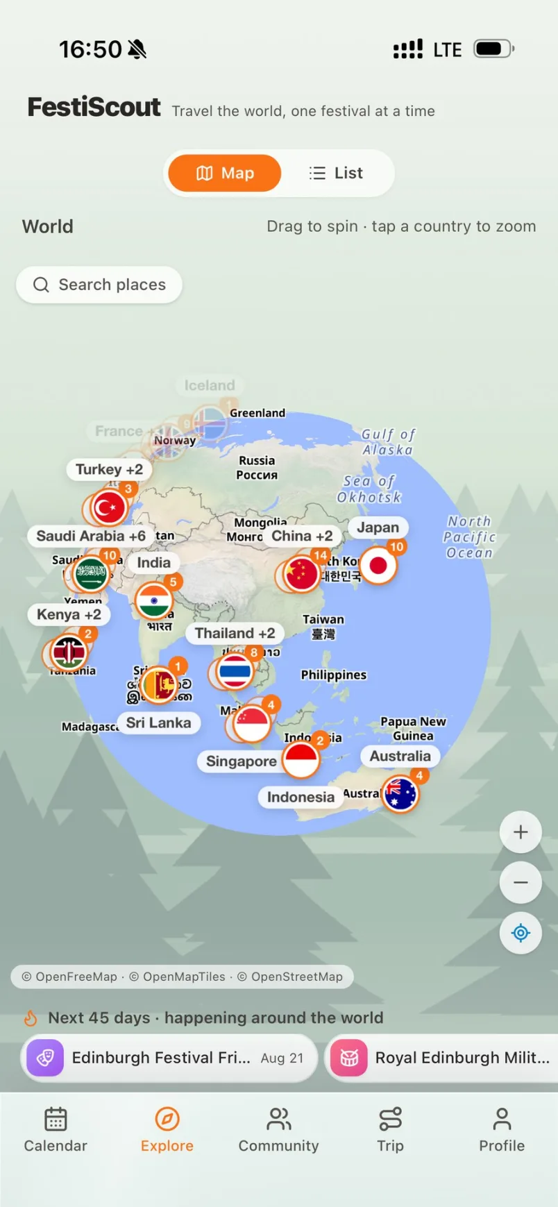 FestiScout's explore view: a world map dotted with festival flags, tap a country to zoom in