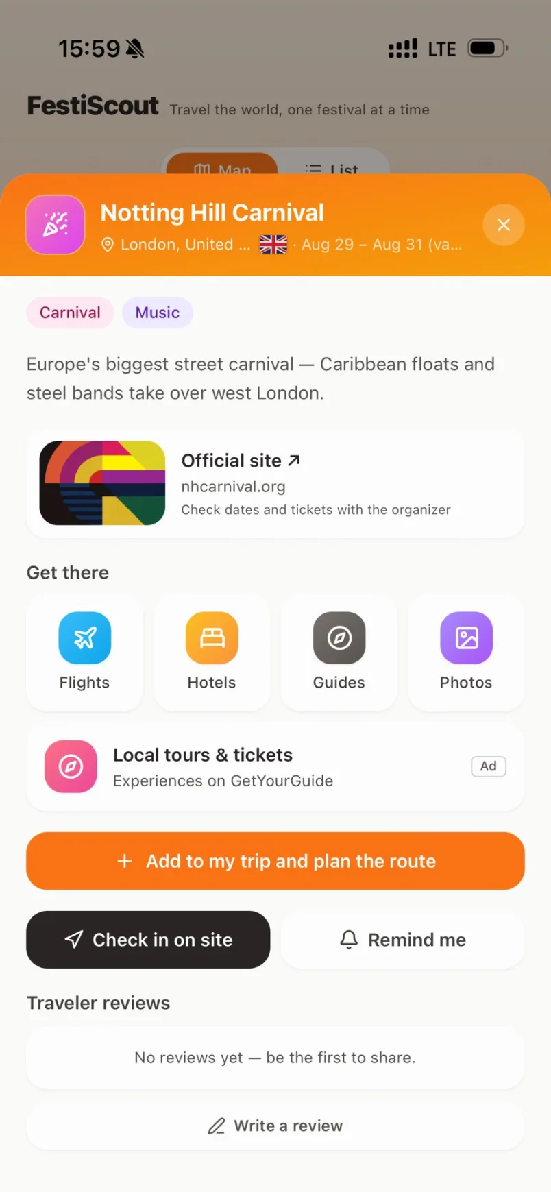 Festival card for Notting Hill Carnival with official site, flights, hotels and add-to-trip