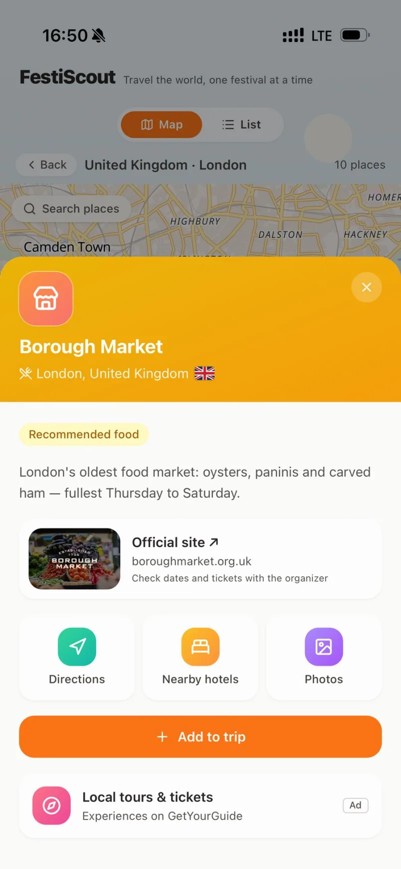 Place card for Borough Market with directions, nearby hotels and photos
