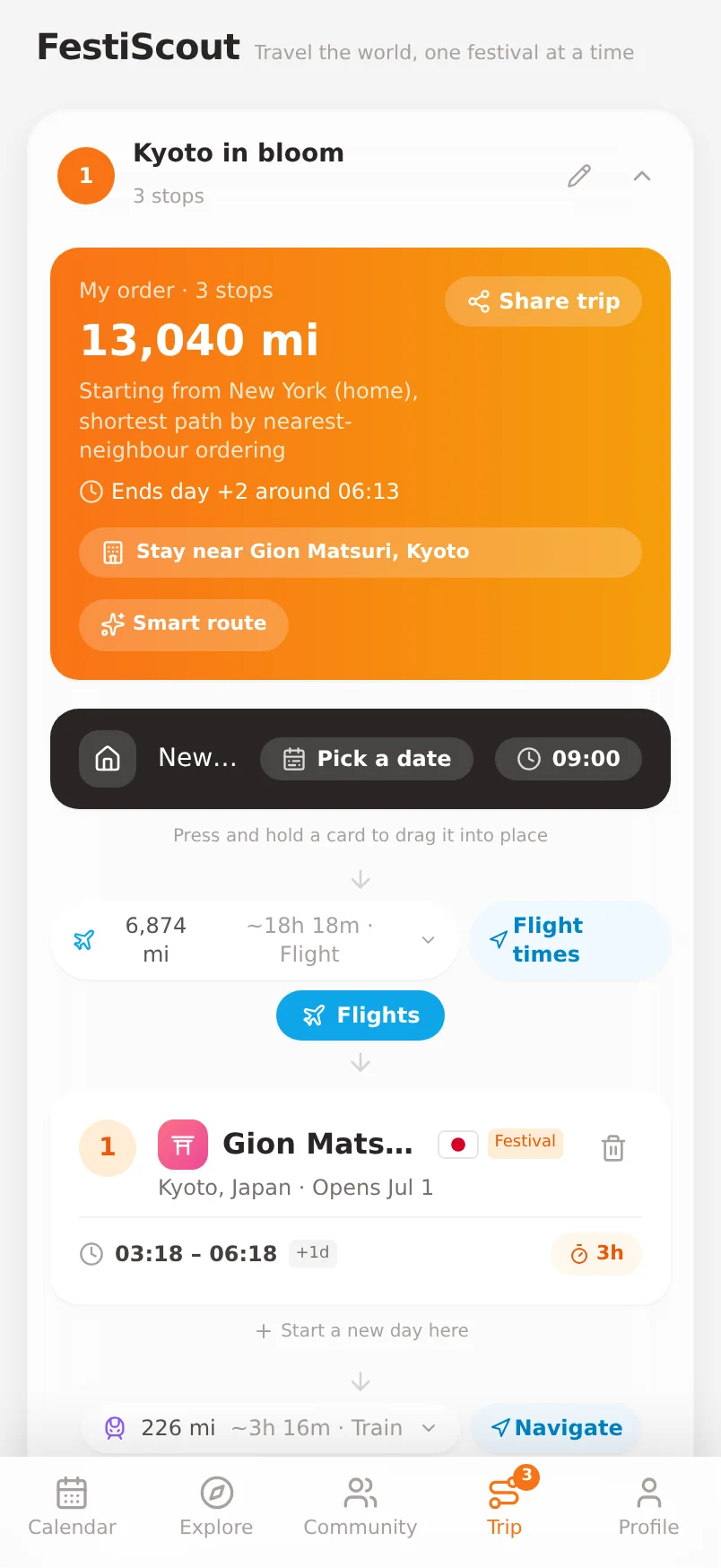 Trip planner with distances, flight legs and a stay suggestion
