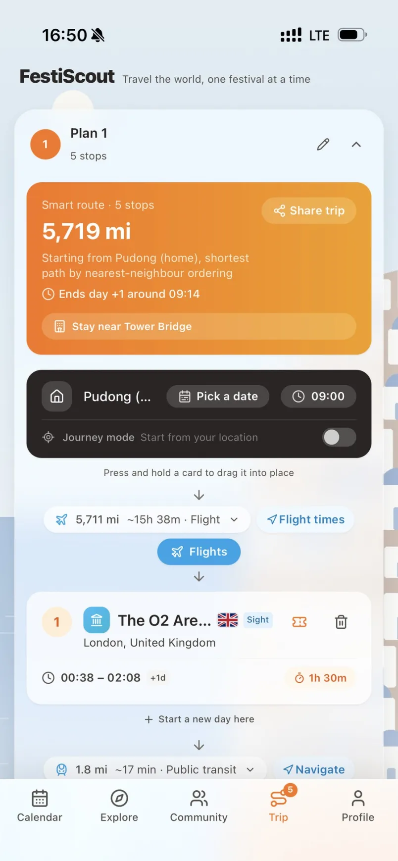 Trip planner with distances, flight legs and a stay suggestion